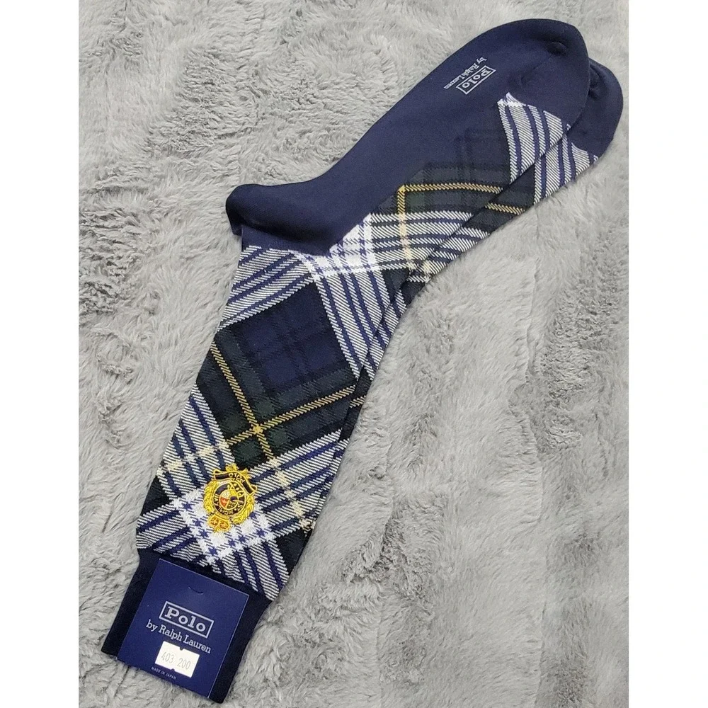 Polo Ralph Lauren Socks Mens 10-13 Navy Tartan Plaid Cookie Crest Embroider Calf